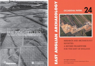 Figure 3. Monument imagery: left, project poster showing chequerboard-esque excavation of Butcher’s Rise ring-ditch (bottom; photographs, M. Knight & C. Evans); right, cover of the 2011 <i>Research and archaeology revisited: a revised framework for the east of England</i>, featuring an aerial shot of the Low Ground barrows under excavation (with hand-dug transects through their mounds visible; and, far-right side, the main pond barrow’s hollow; photograph, B. Robinson).